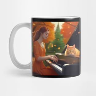 A Female Pianist With A Contented Orange Cat Sitting On The Piano In The English Countryside With An Autumn Mist Mug